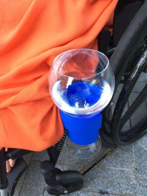 BBS DRINK Glass Holder in Action - 1st in a Series of Accessories for Wheelchairs/Scooters/Rollators/Baby Buggies etc.