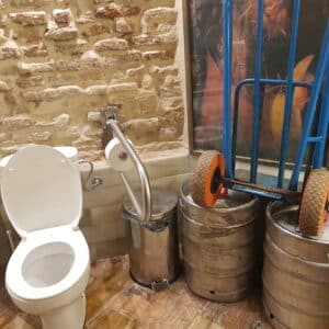 toilet in a room with beer barrels