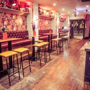 Simmons Bar Piccadilly Has Flat Wooden Floor With High Bar Stools & Tables. Similar Style At Other Locations
