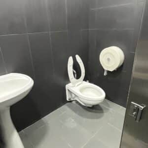 white toilet and grey wall